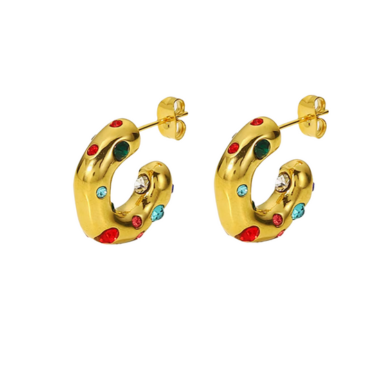 Gold hoop earrings with colorful gemstones on a white background